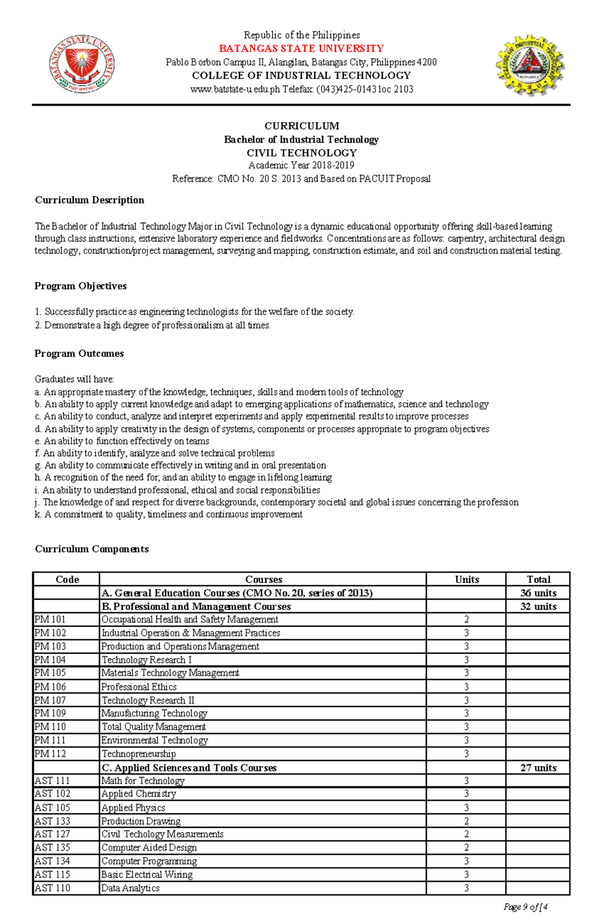 Bachelor of Industrial Technology in Civil Technology Curriculum ...