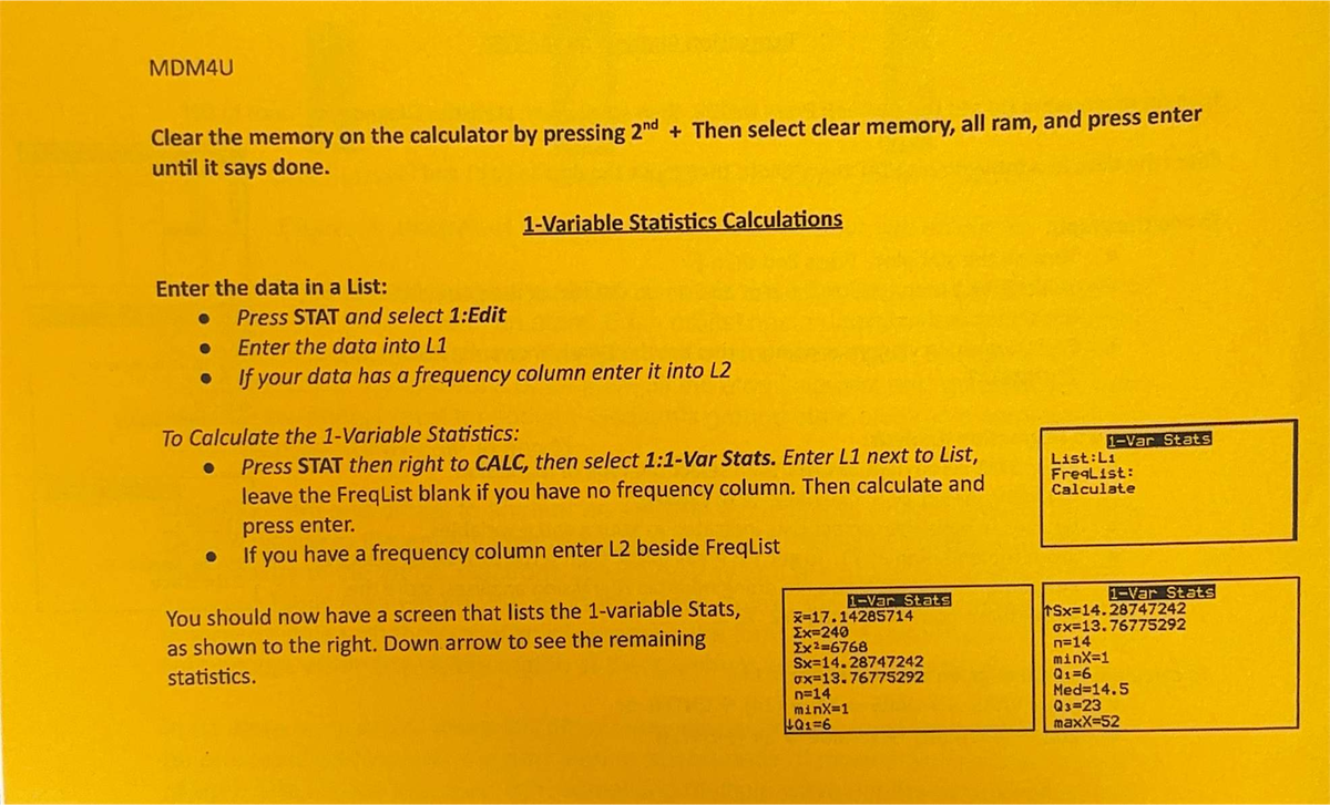 MDM4U 1 Variable Stats Calculations Guide - Studocu