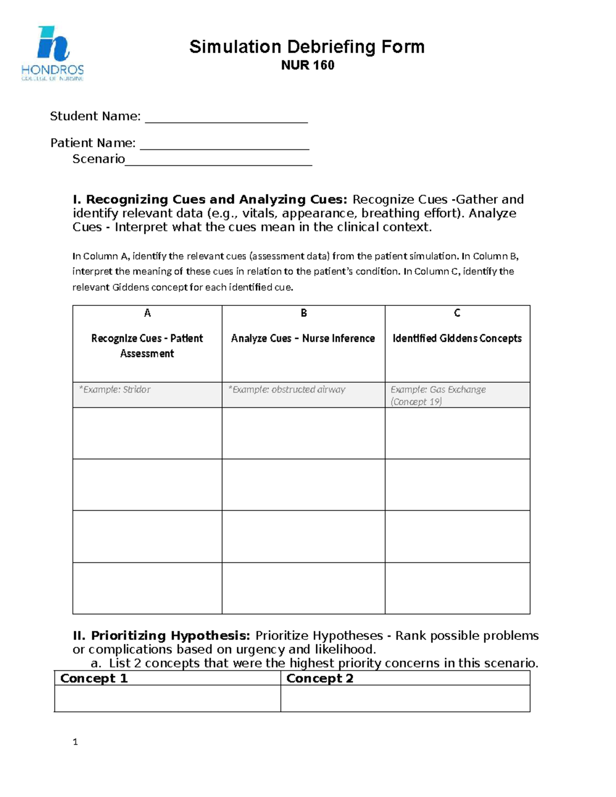 NUR 160 Simulation Debriefing Form: Analyzing Patient Cues and Care ...