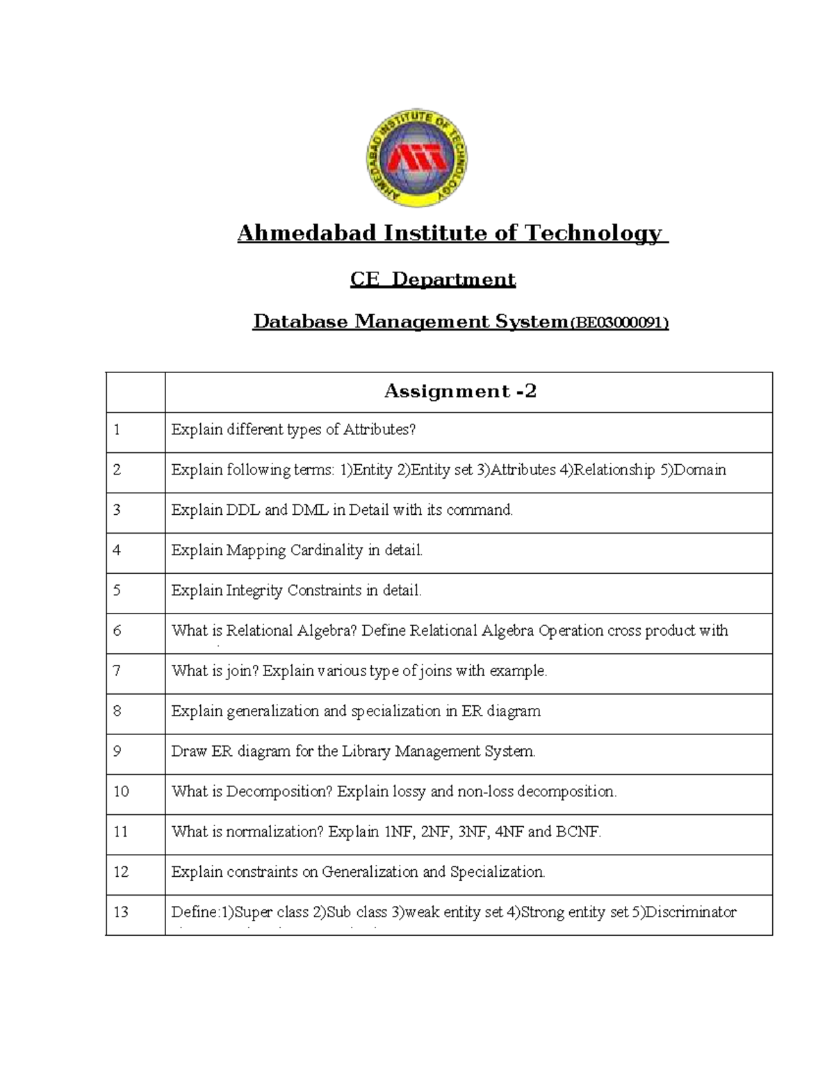 DBMS Assignment 2 - Key Concepts and Questions (CE) - Studocu
