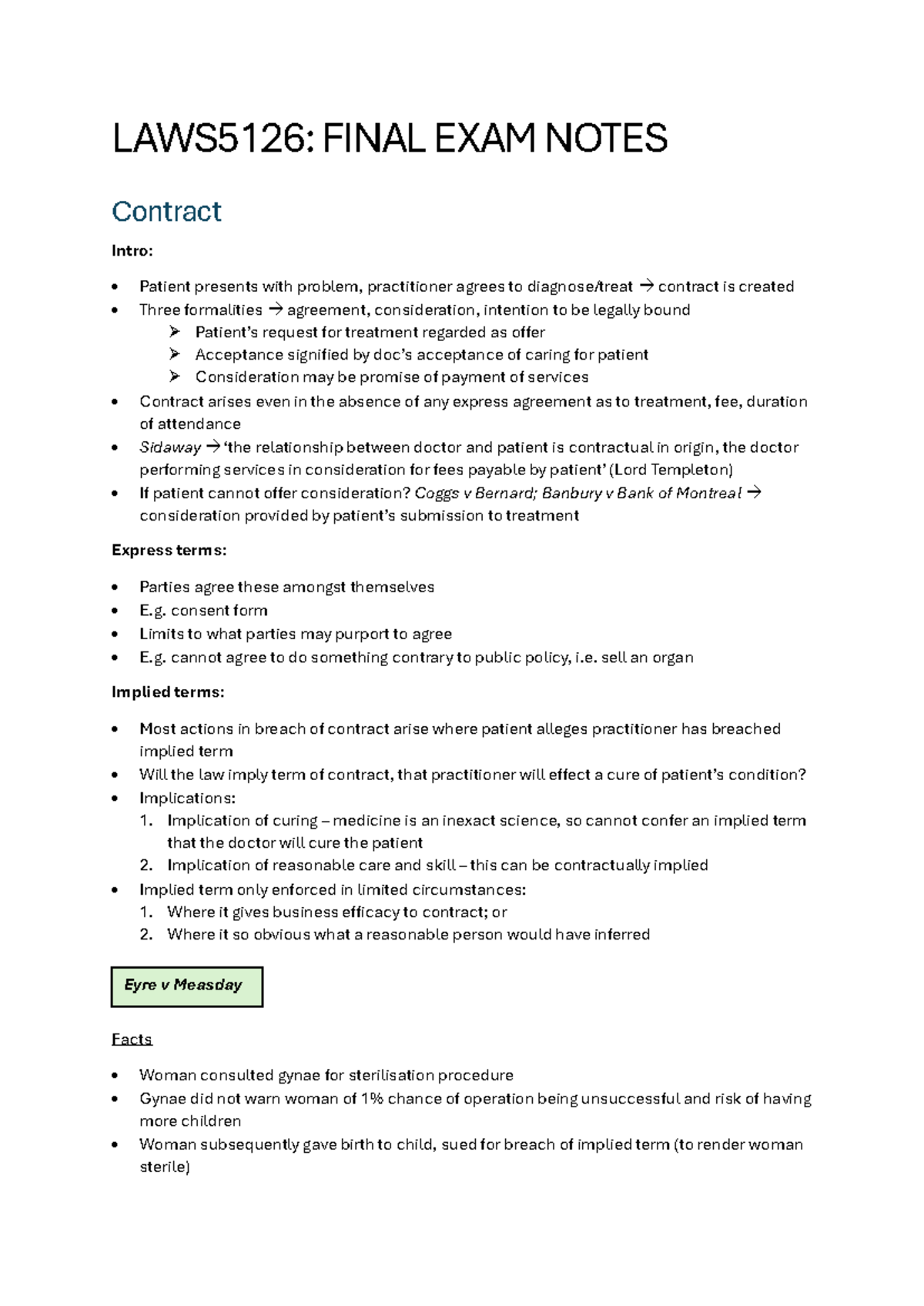 LAWS5126: FINAL EXAM NOTES on Medical Contracts and Negligence - Studocu