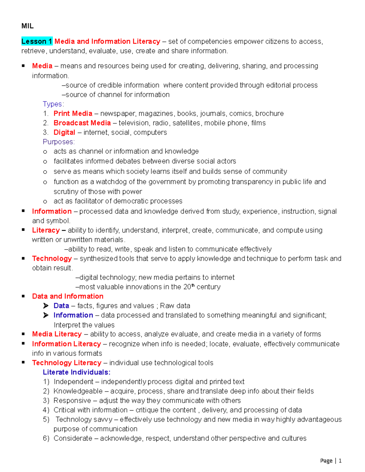 Reviewer-MIL - REVIEWER MIL - MIL Lesson 1 Media and Information ...