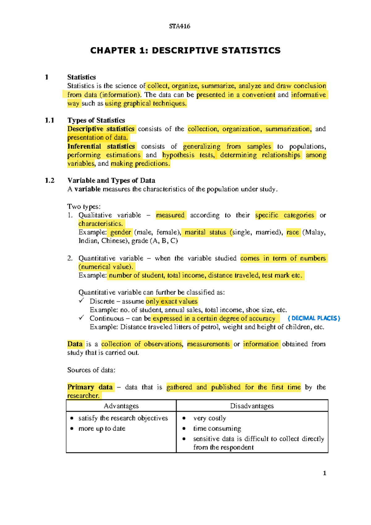 STA416 CHAPTER 1: INTRODUCTION TO DESCRIPTIVE STATISTICS - Studocu