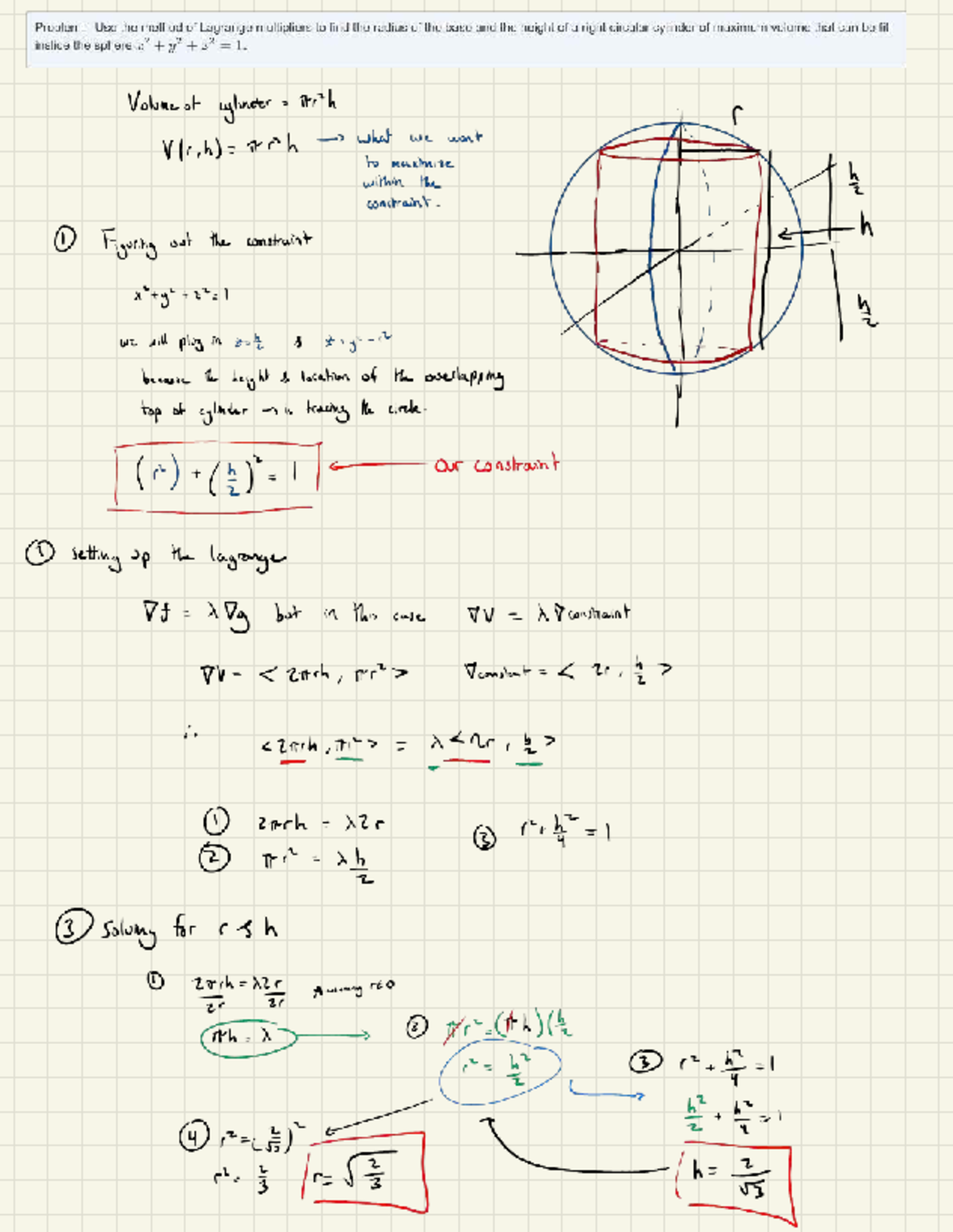 Maximizing Cylinder Volume Inside Sphere Using Lagrange Multipliers ...