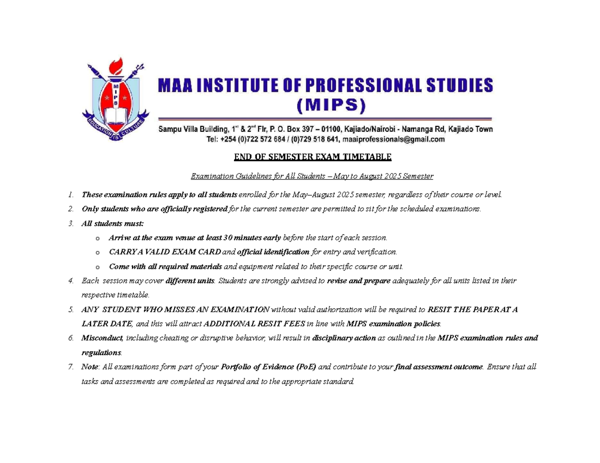 END OF SEM 1 EXAM TIMETABLE: Guidelines for May-Aug 2025 - Studocu