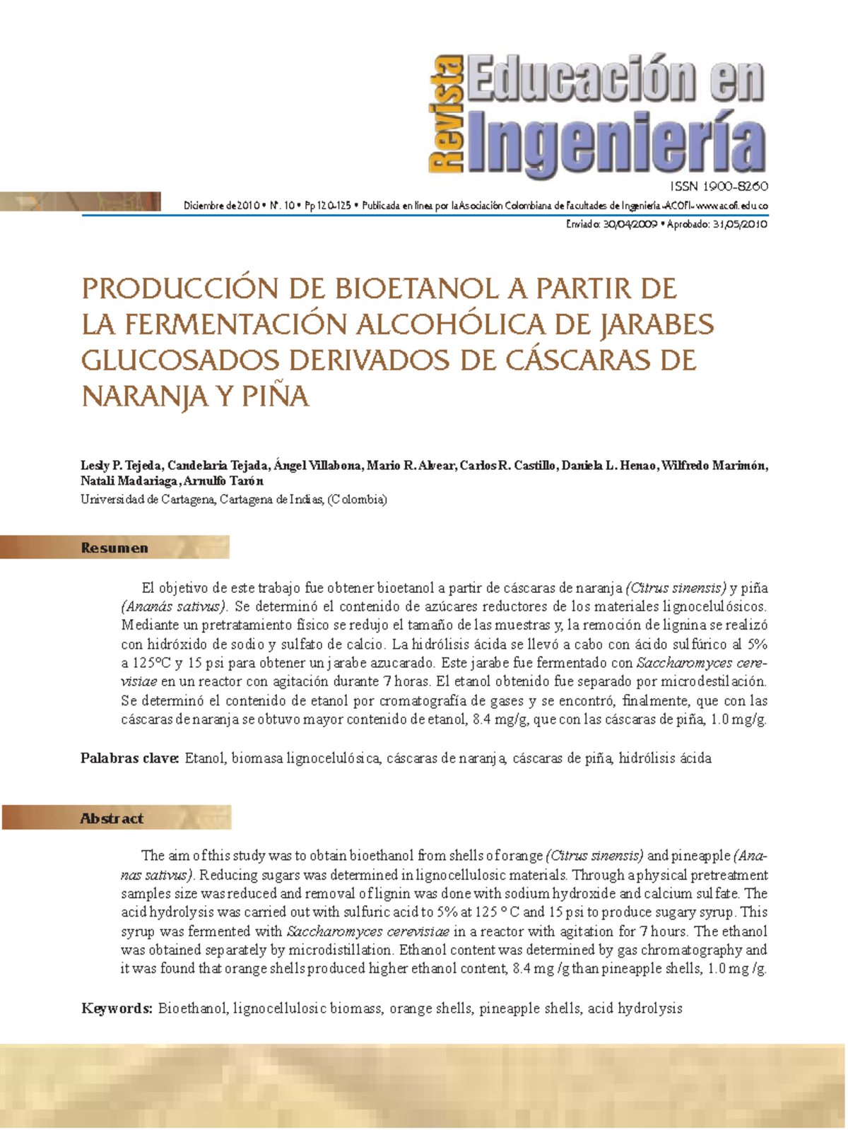 Producción de Bioetanol a partir de Cáscaras de Naranja y Piña - 2009 I ...