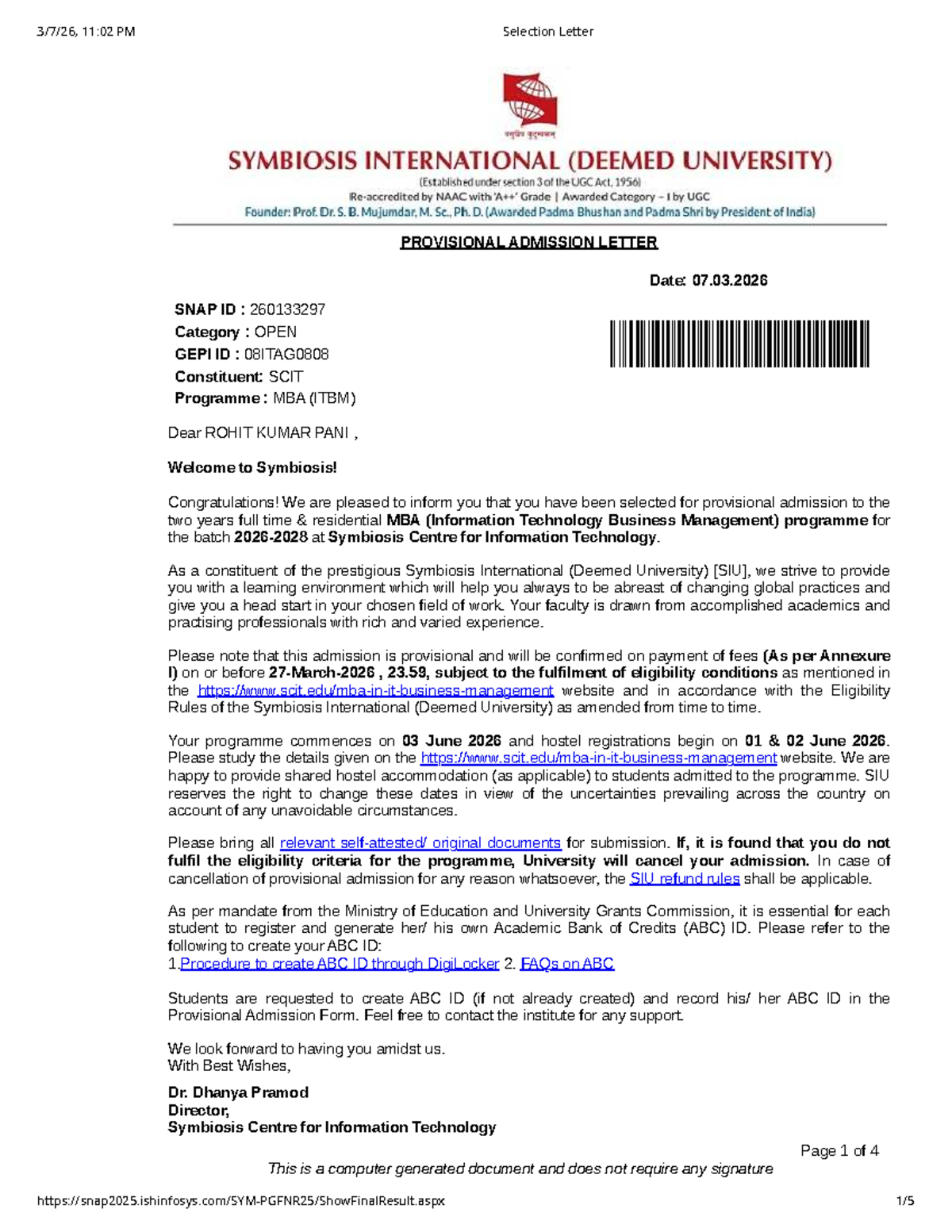 Provisional Admission Letter for MBA (ITBM) - SCIT 2026 - Studocu