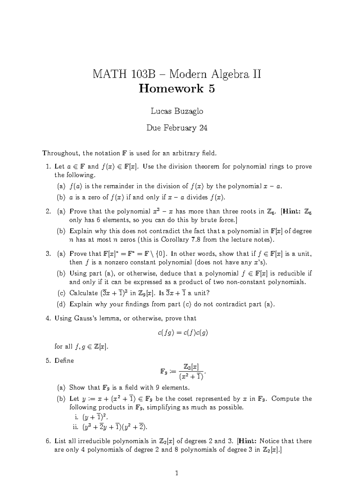 MATH 103B Modern Algebra II Homework 5 Solutions and Explanations - Studocu
