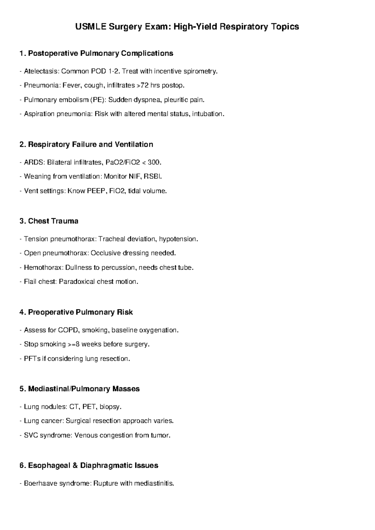 Usmle Surgery Respiratory Topics Summary - USMLE Surgery Exam: High ...