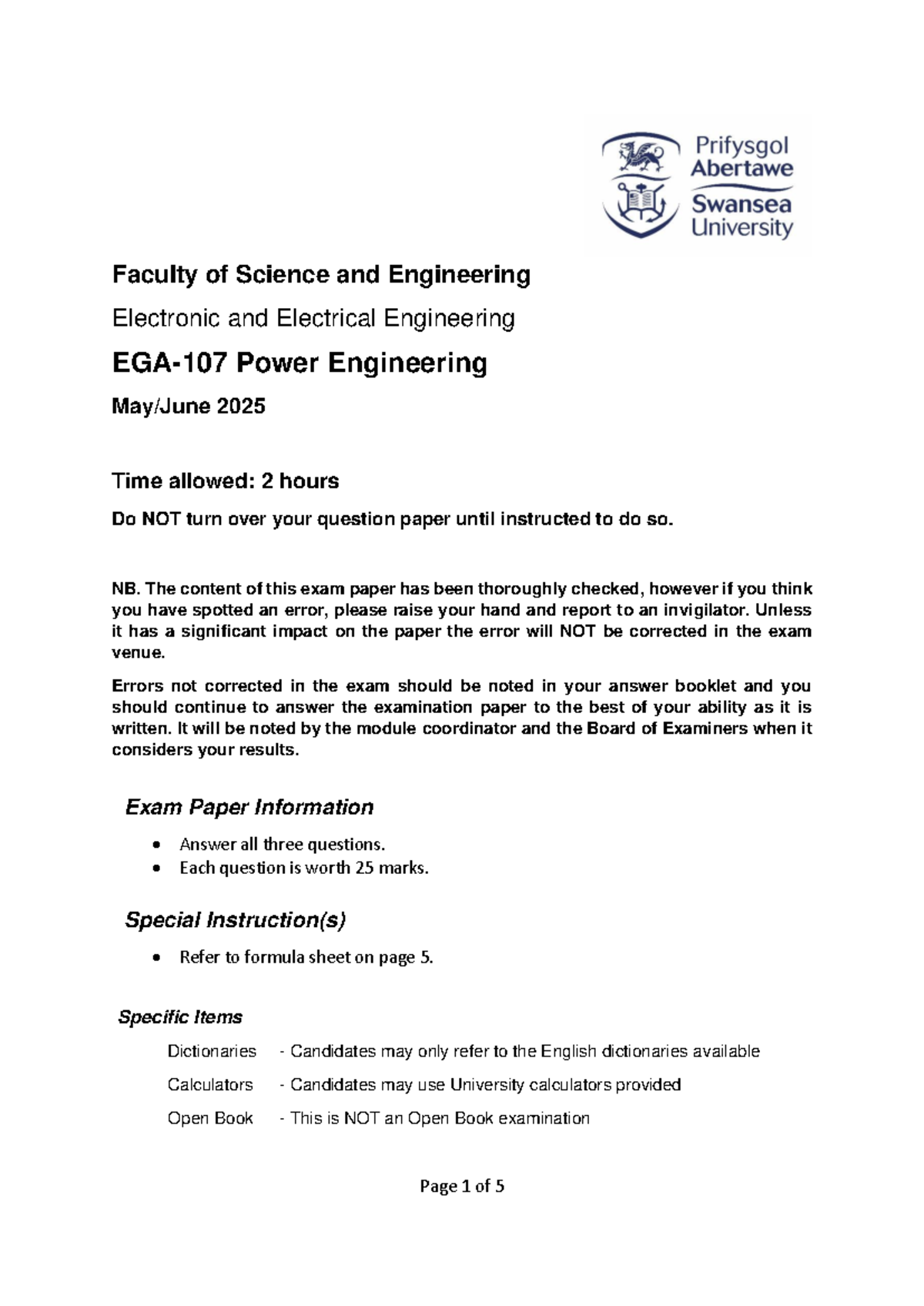 EGA107 Power Engineering Exam Paper 2025 - 2 Hour Duration - Studocu