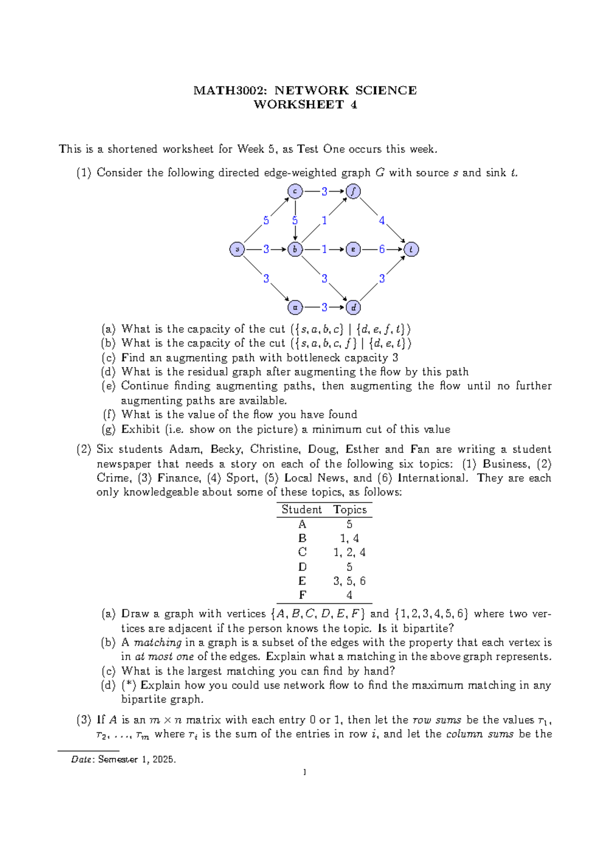 MATH3002: Network Science Worksheet 4 - Week 5 Test Prep - Studocu