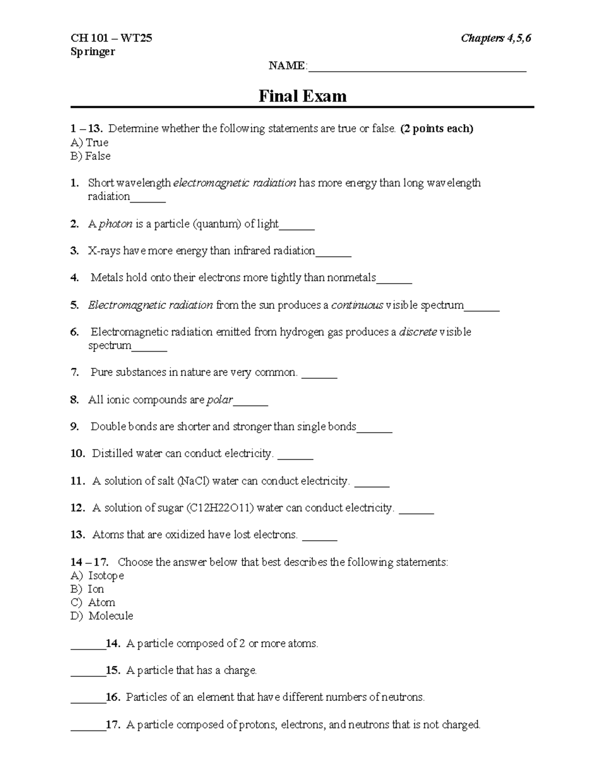 CH 101 – WT25 Final Exam Study Guide: Energy, Reactions, and Climate ...