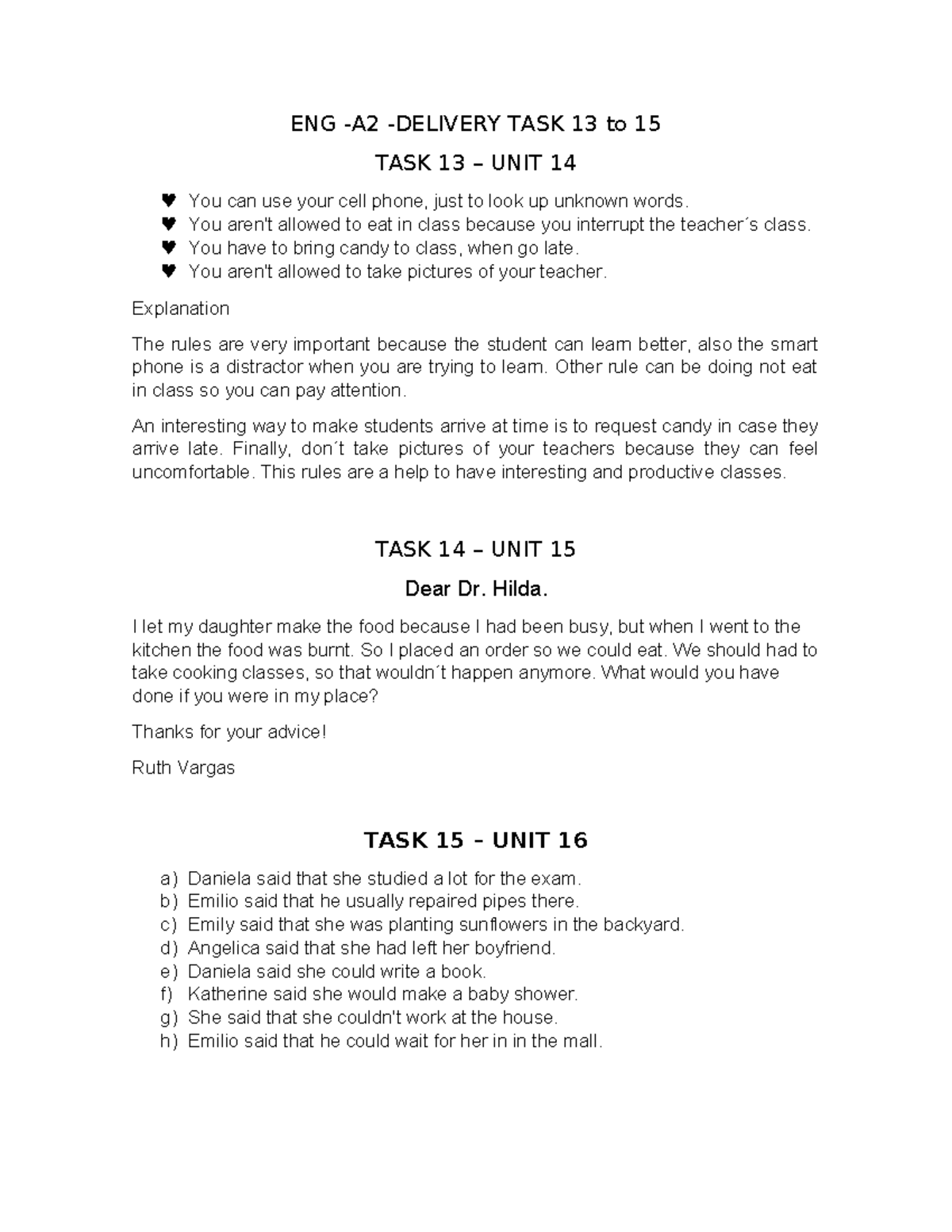 ENG A2 13-14 Task 2: Classroom Rules & Student Writing Exercises - Studocu