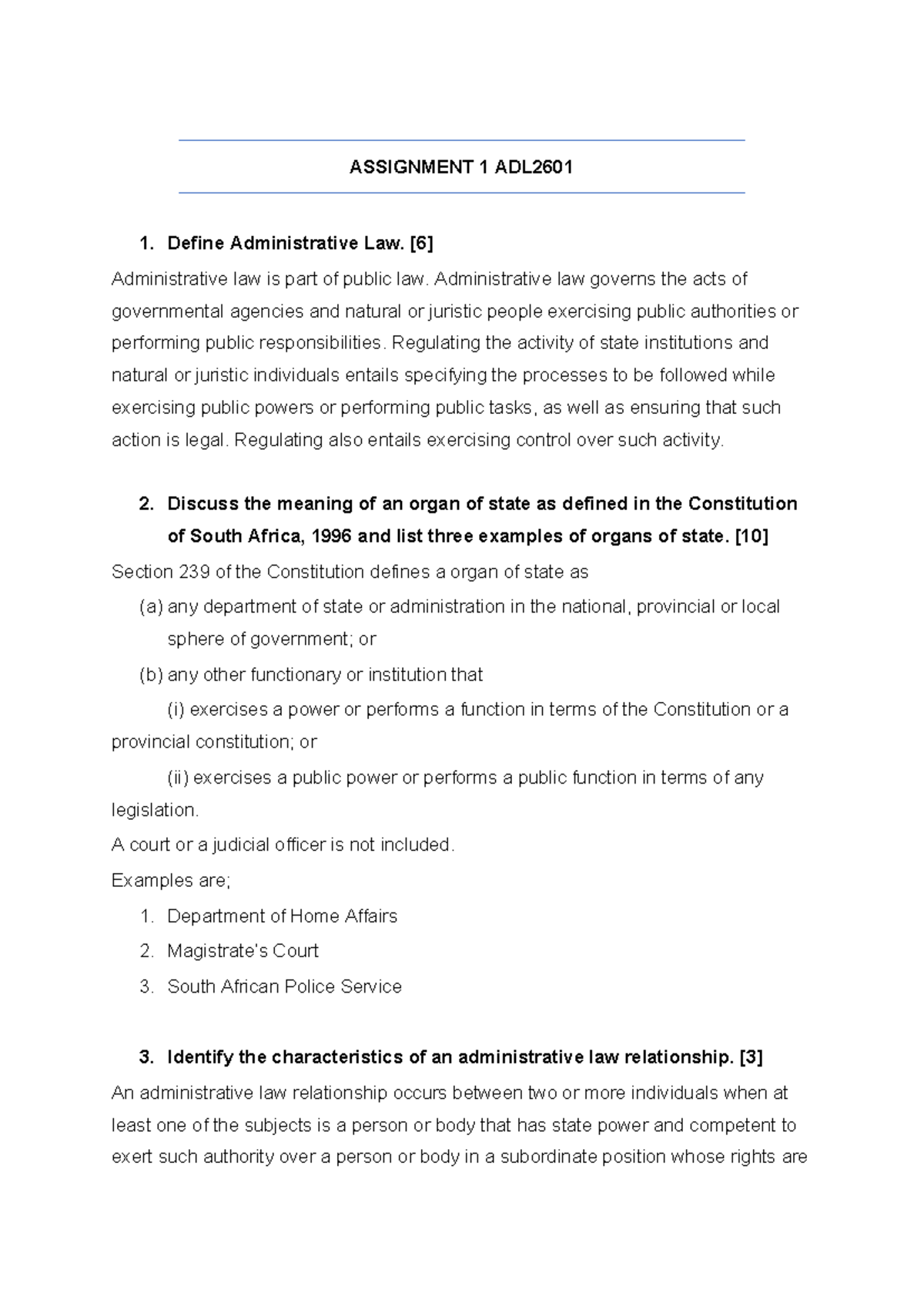 ADL2601 Assignment 1: Overview of Administrative Law Concepts - Studocu