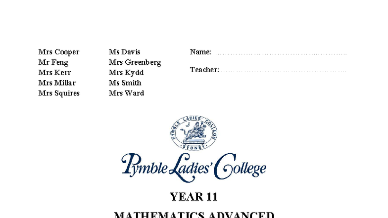 YEAR 11 MATHEMATICS ADVANCED ASSESSMENT TASK 1 Term 1 2022 - Studocu
