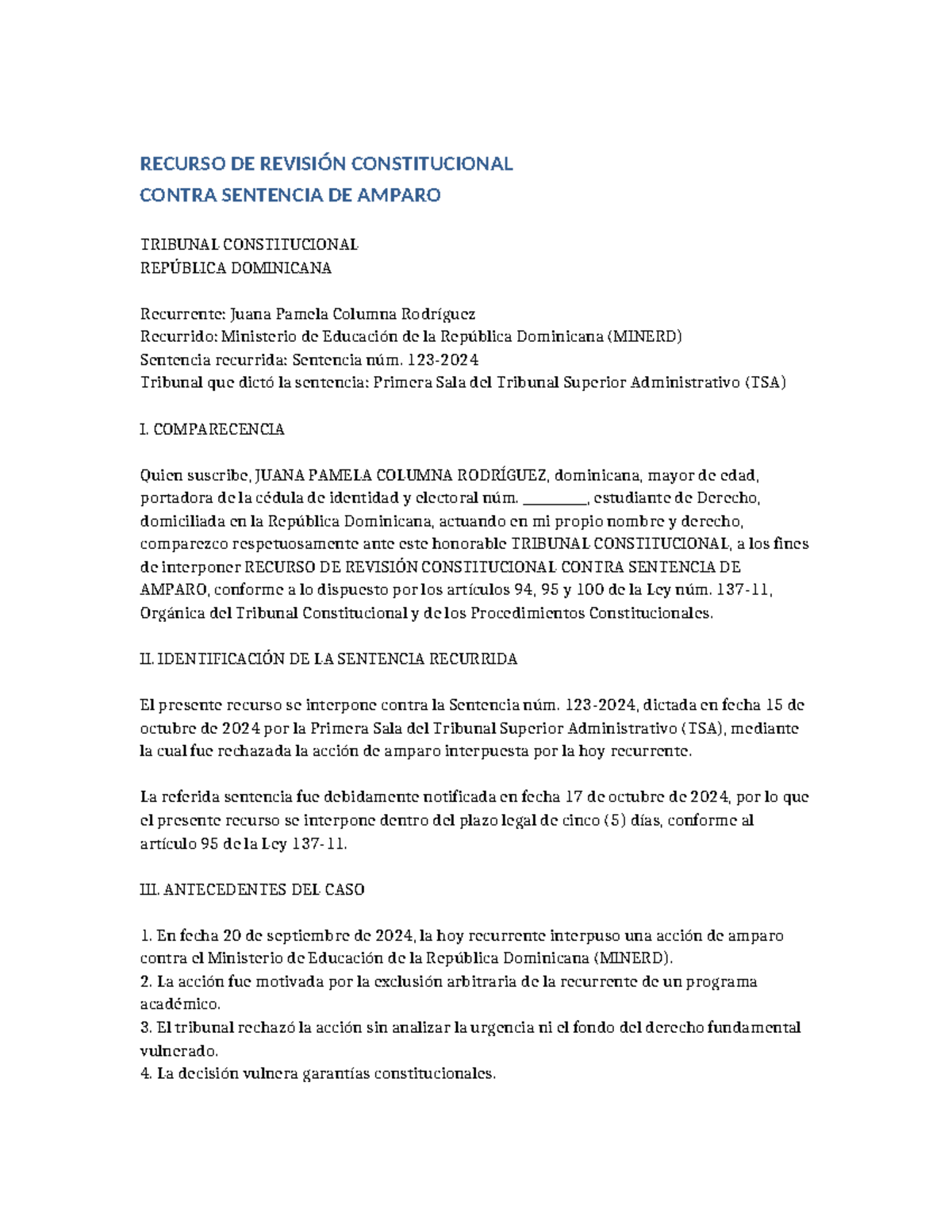 Recurso de Revisión Constitucional contra Sentencia de Amparo - Derecho ...