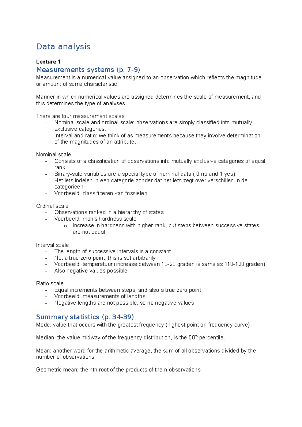 Data Analysis Summary for Course XYZ123: Lecture Notes on Measurement ...