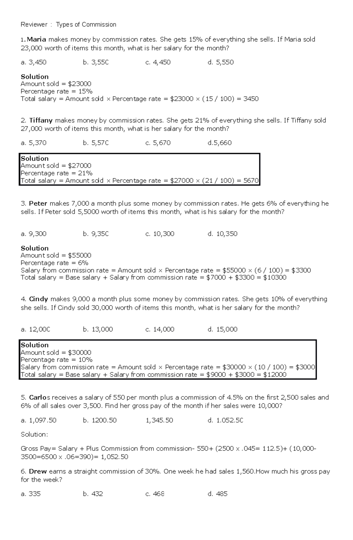 Simple Compound & Commission Calculations - Practice Problems - Studocu