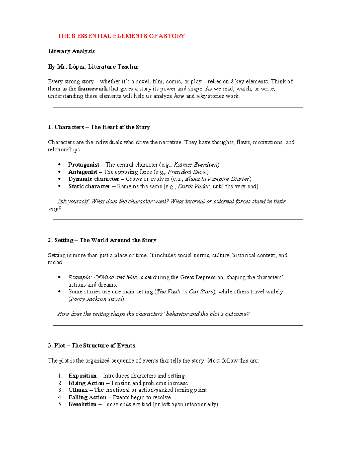 The 8 Essential Elements of a Story: Literary Analysis Guide - Studocu