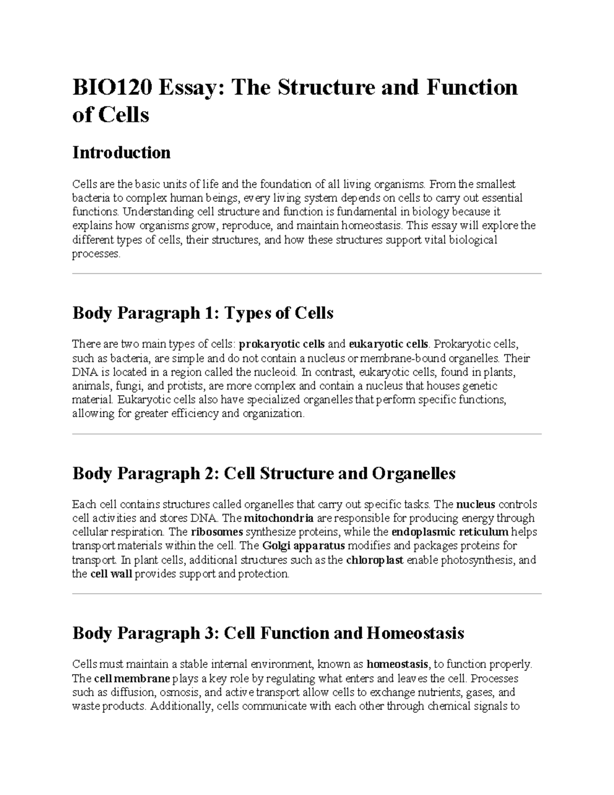 BIO120 Essay: Exploring Cell Structure and Function - Studocu