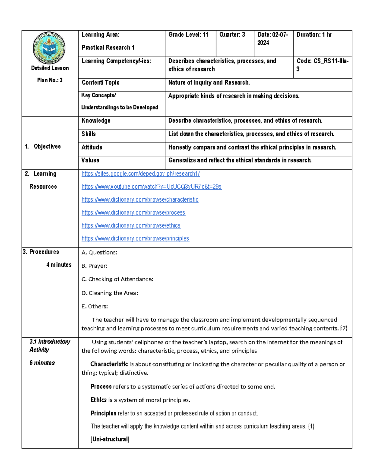 Practical Research 1: Detailed Lesson Plan for Day 3 (CS_RS11-IIIa-3 ...