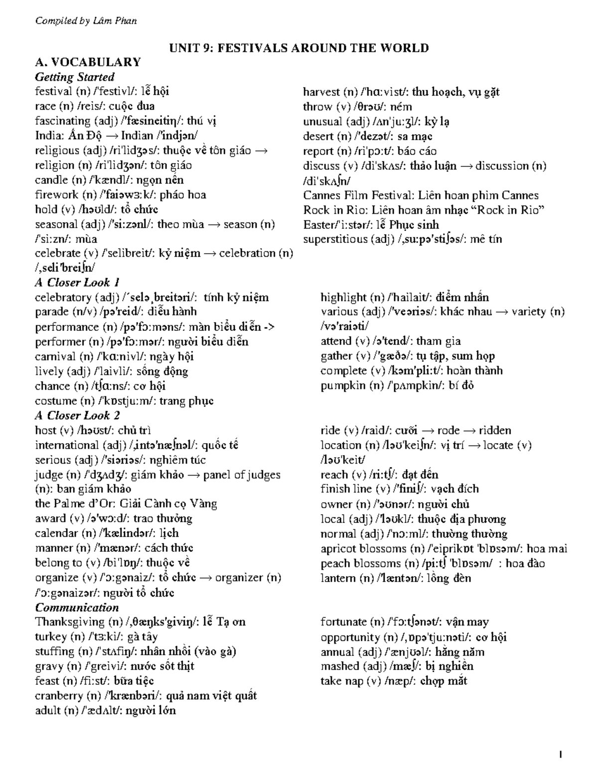 Unit 9: Festivals Around the World - Vocabulary & Grammar Notes - Studocu