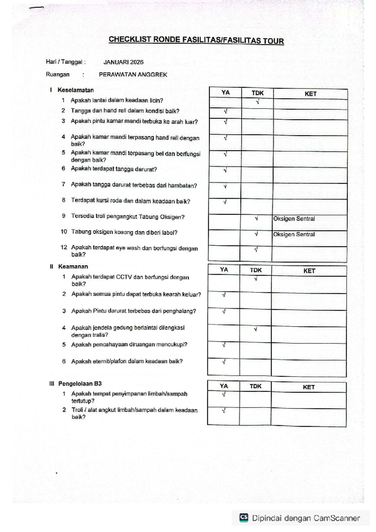 MFK 3.A Checklist Ronde Fasilitas Perawatan Anggrek Januari 2026 - Studocu