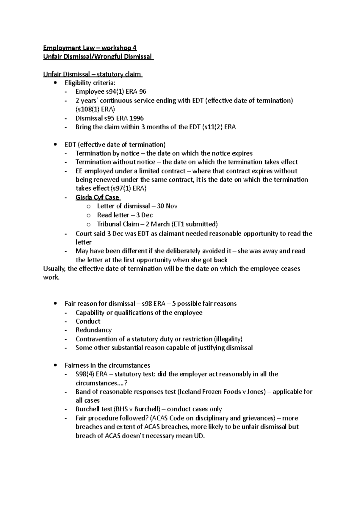 Employment Law and practice - Employment Law – workshop 4 Unfair ...