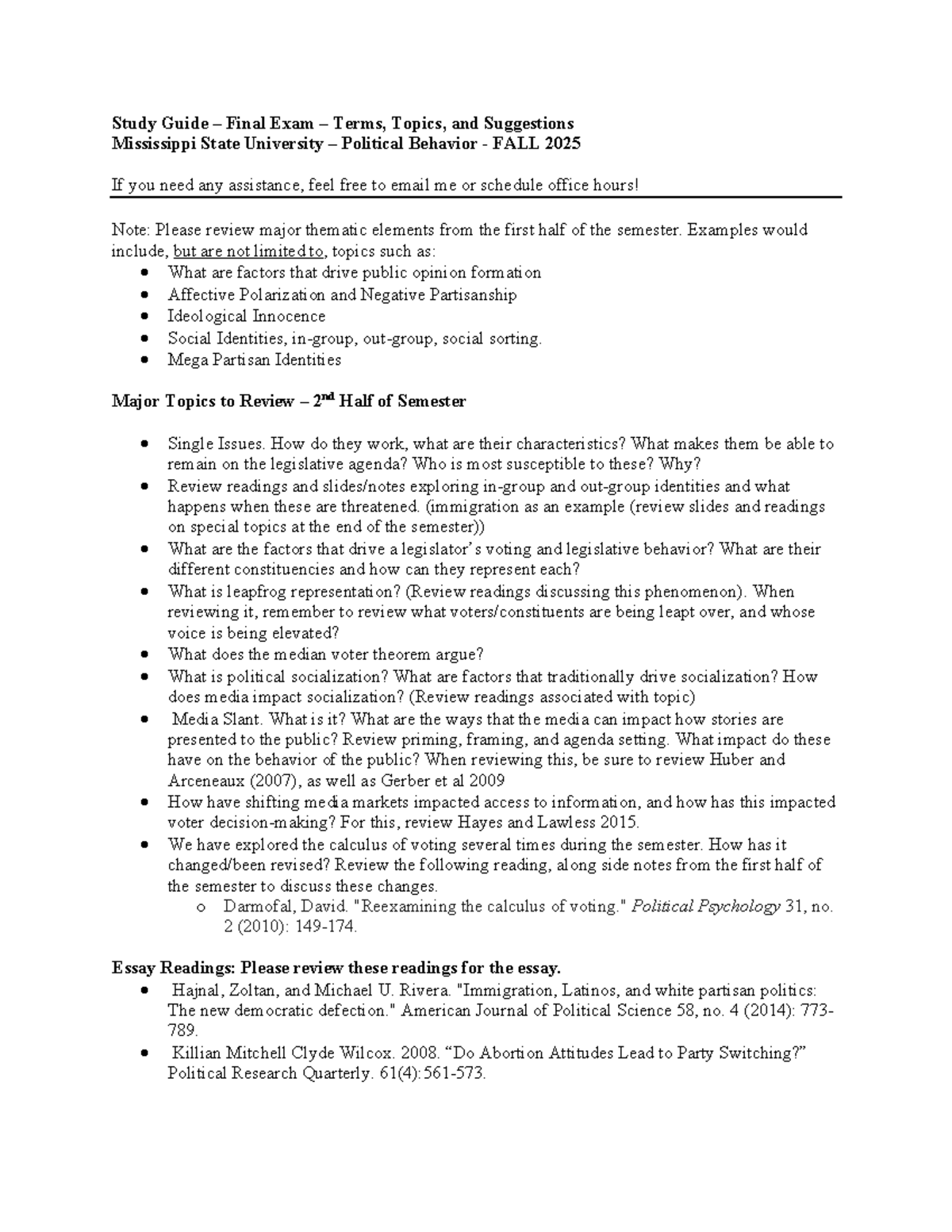 Study Guide – Final Exam – Political Behavior – Fall 2025 - Studocu