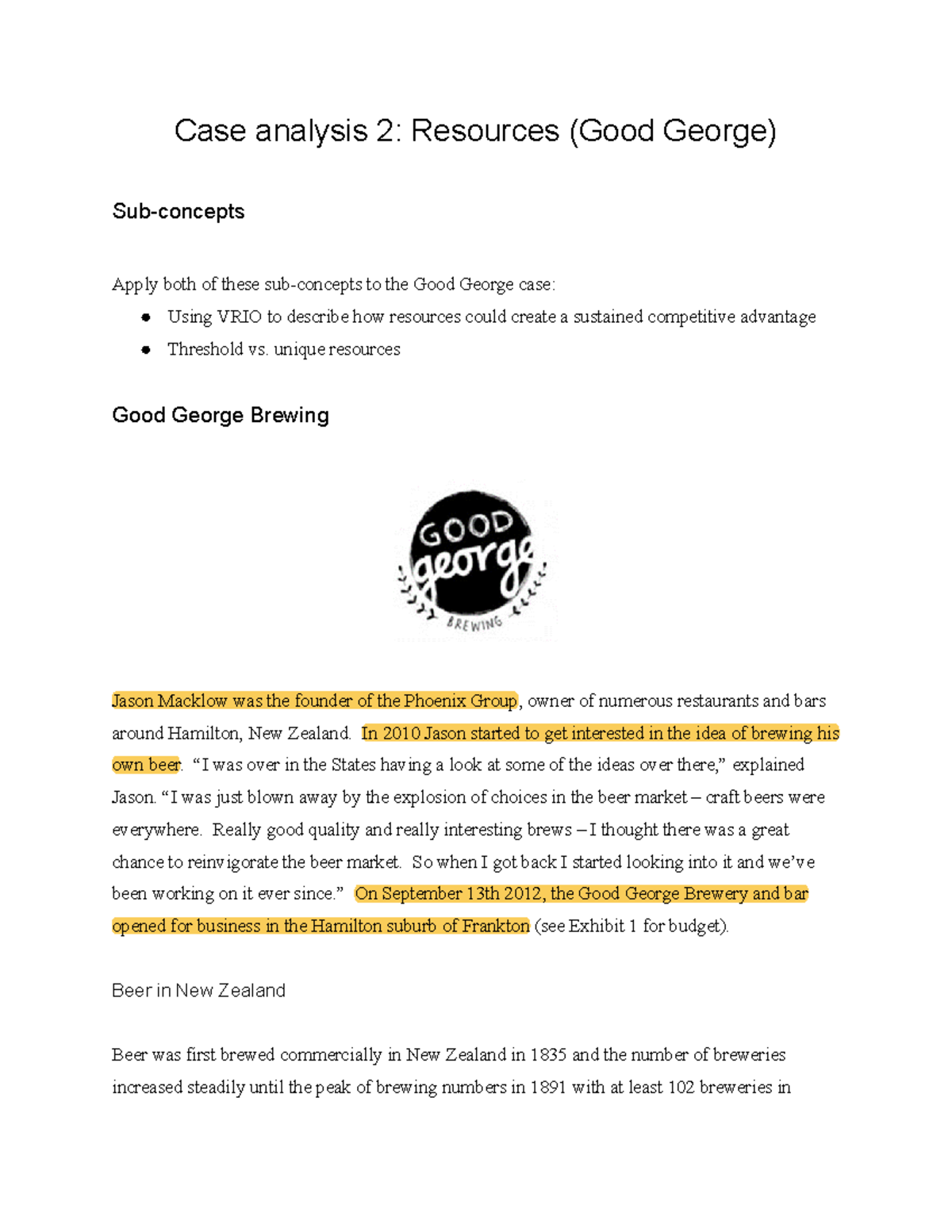 Case Study: Good George Brewery Resources Analysis 2 Final - Studocu