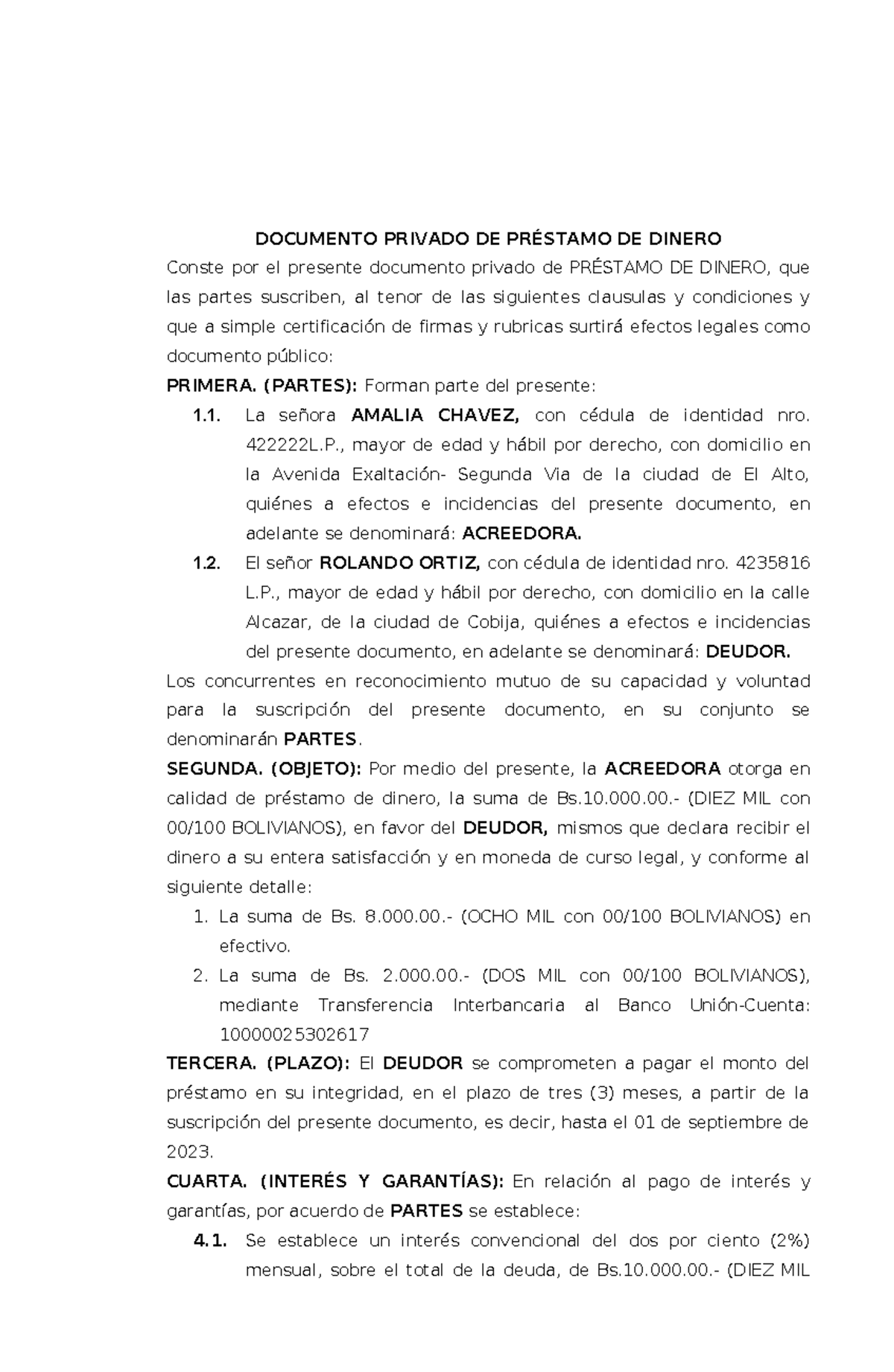 Contrato Privado de Préstamo de Dinero - Amalia y Rolando - Studocu