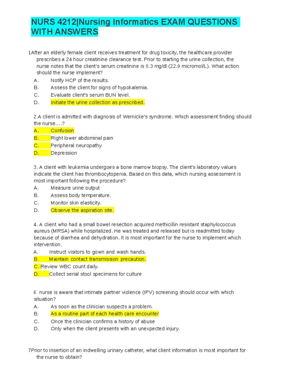 NUR 123 Midterm Exam Study Guide with Questions and Answers - Studocu