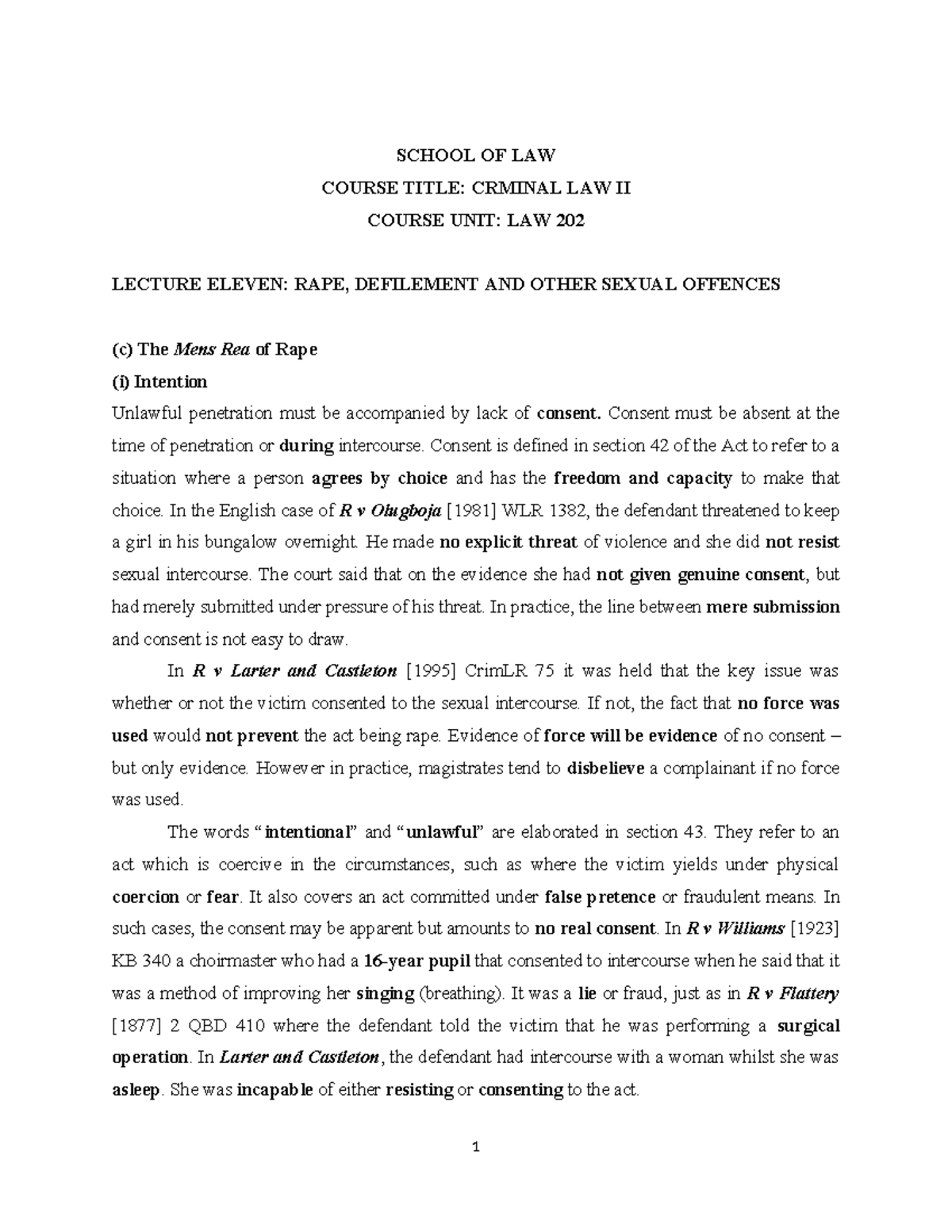 Criminal Law II: Lecture 11 - Rape, Defilement & Sexual Offences - Studocu