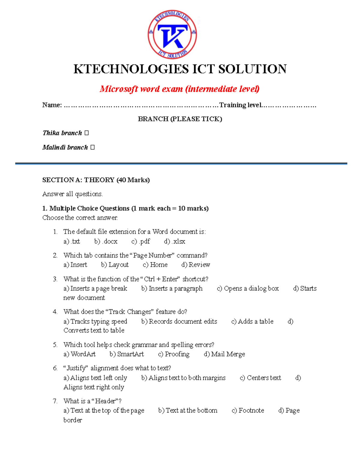 KTECHNOLOGIES ICT SOLUTION Microsoft Word Exam Revision Material - Studocu