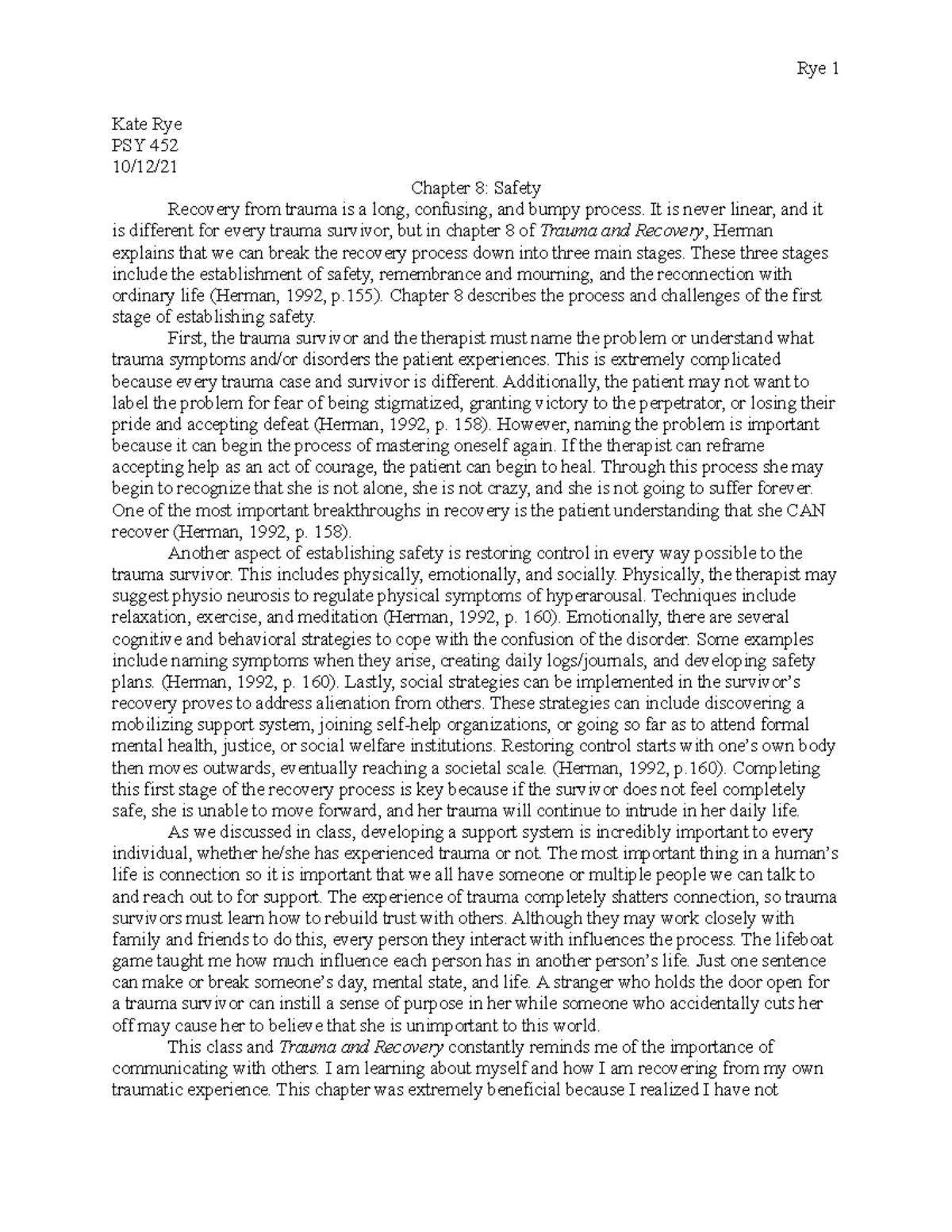 PSY 452 Chapter 2 Essay: The Role of Terror in Trauma and PTSD - Studocu
