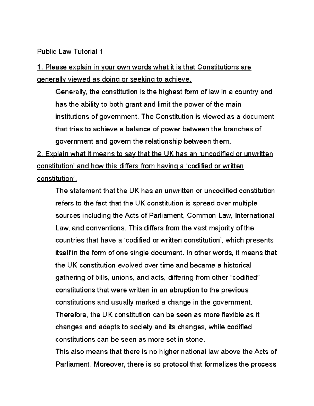Public Law Tutorial 1 - Generally, the constitution is the highest form ...