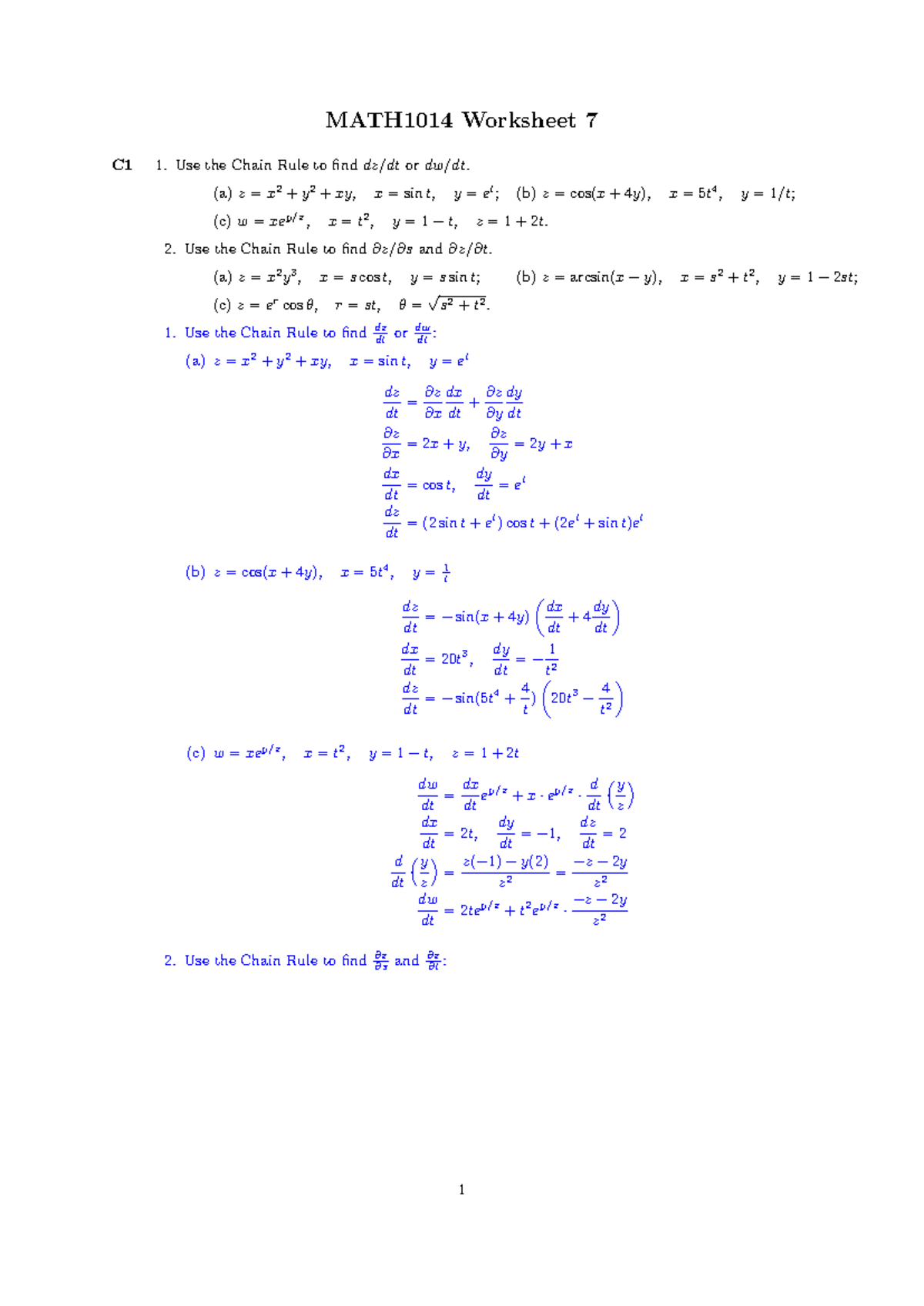 MATH1014 Worksheet 7 Solutions: Chain Rule Applications and Examples ...