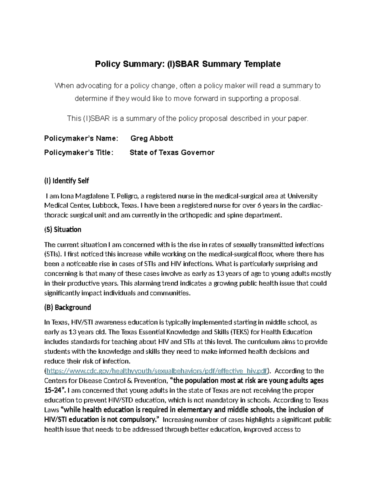 SBAR - SBAR - Policy Summary: (I)SBAR Summary Template When advocating ...