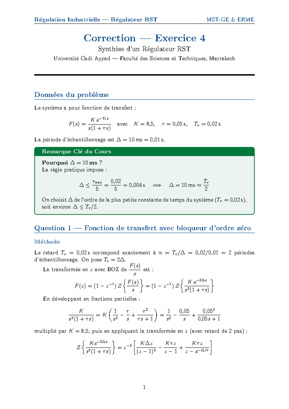 Exercice 4 RST - Correction et Synthèse du Régulateur RST - Studocu