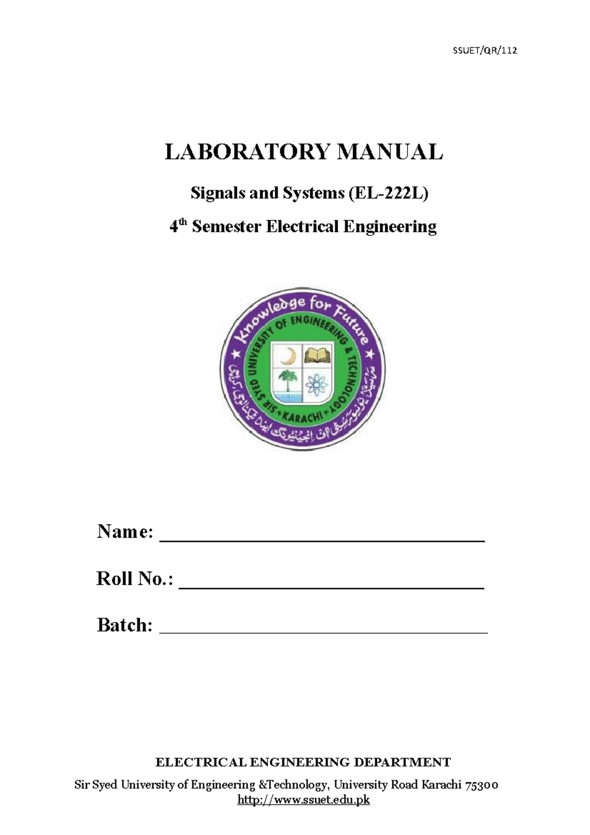 Signals and Systems Lab Manual (EL-222L) - 4th Semester Guide - Studocu