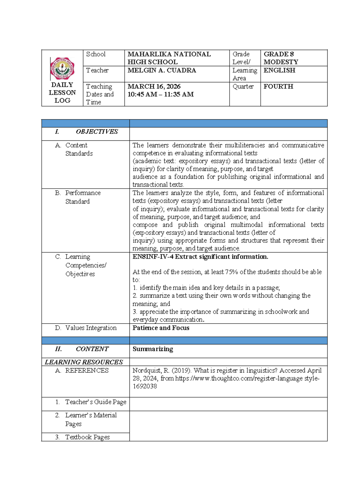 Summarizing Lesson Plan for Grade 8 - 4AS - Studocu