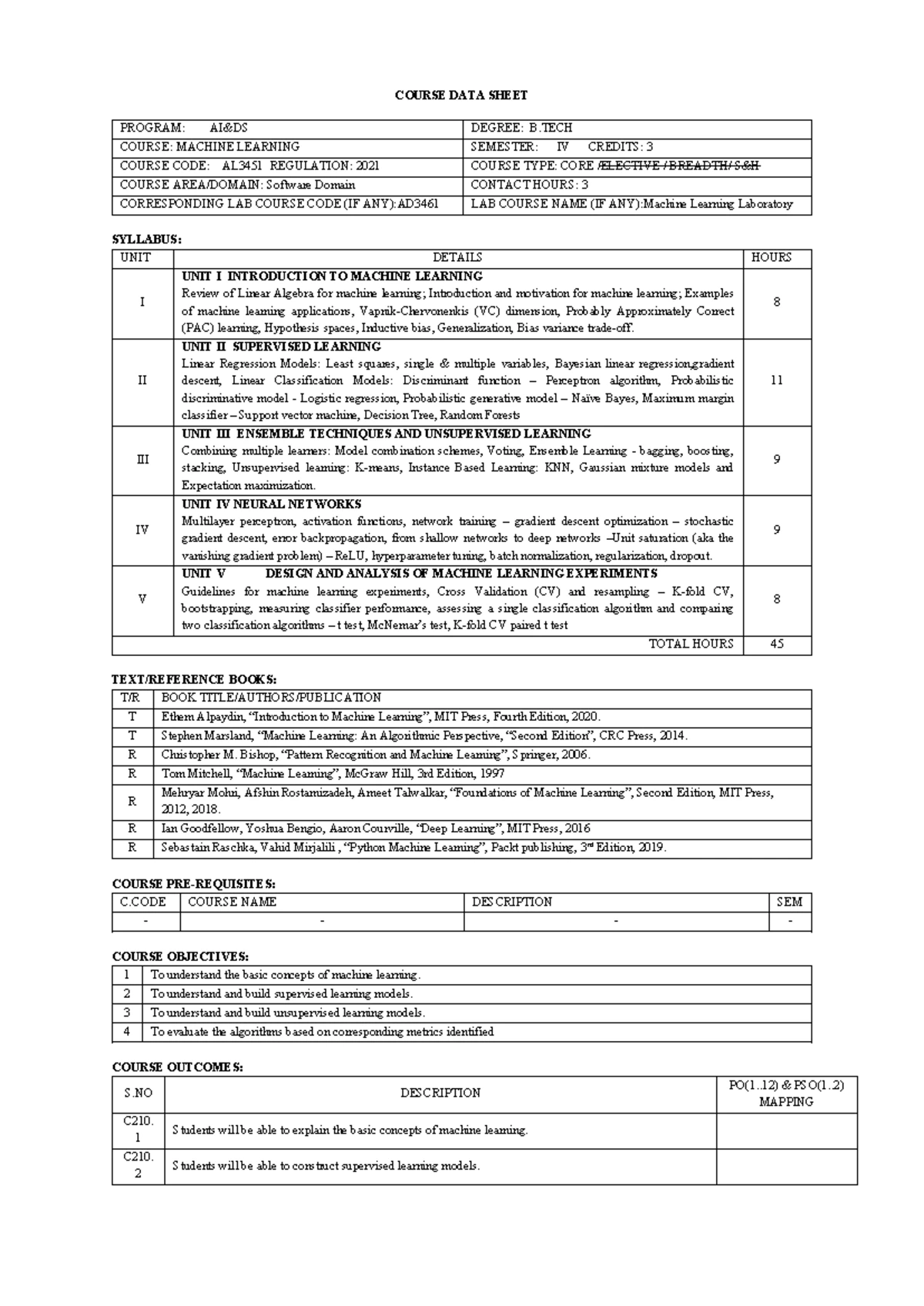 CIS AL3451 Machine Learning Course Data Sheet for B.Tech AI&DS - Studocu
