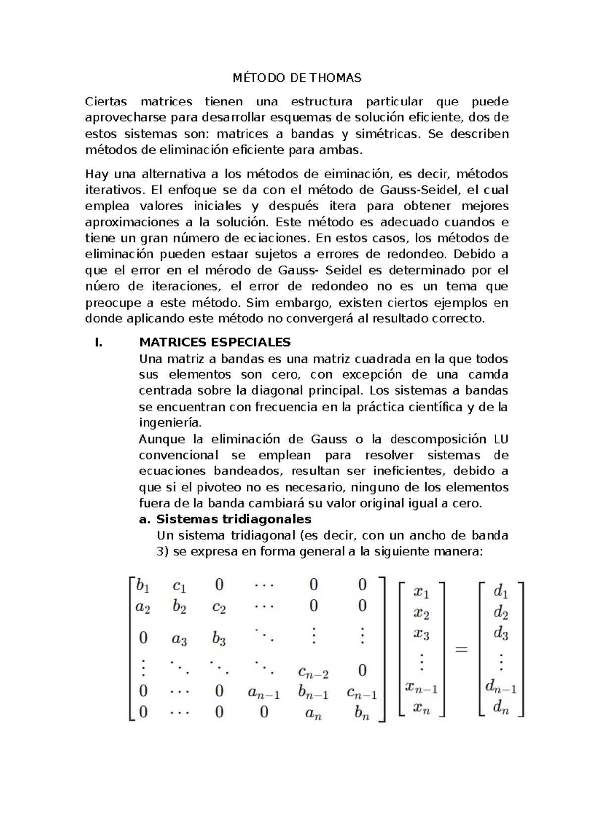 Método de Thomas para Matrices Tridiagonales y Bandas - Studocu
