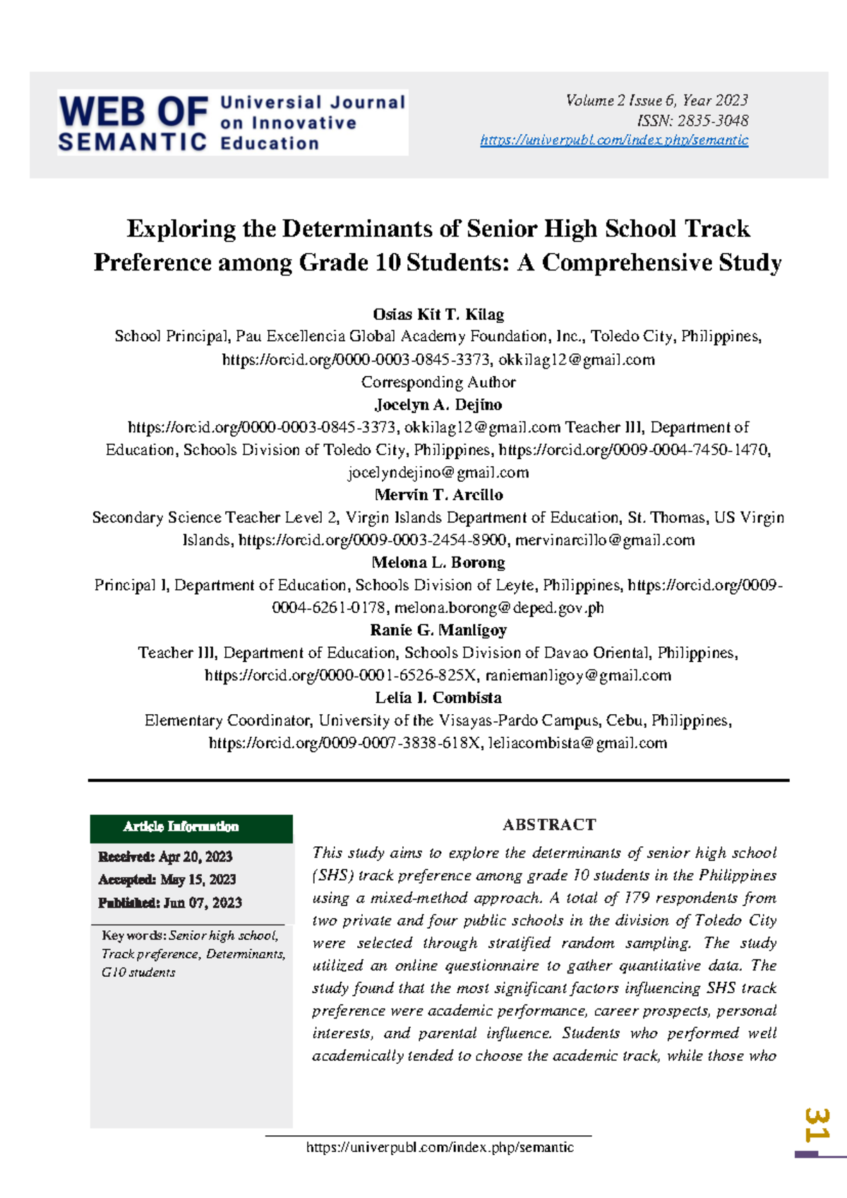 ED628620 - Determinants of SHS Track Preference Among G10 Students ...