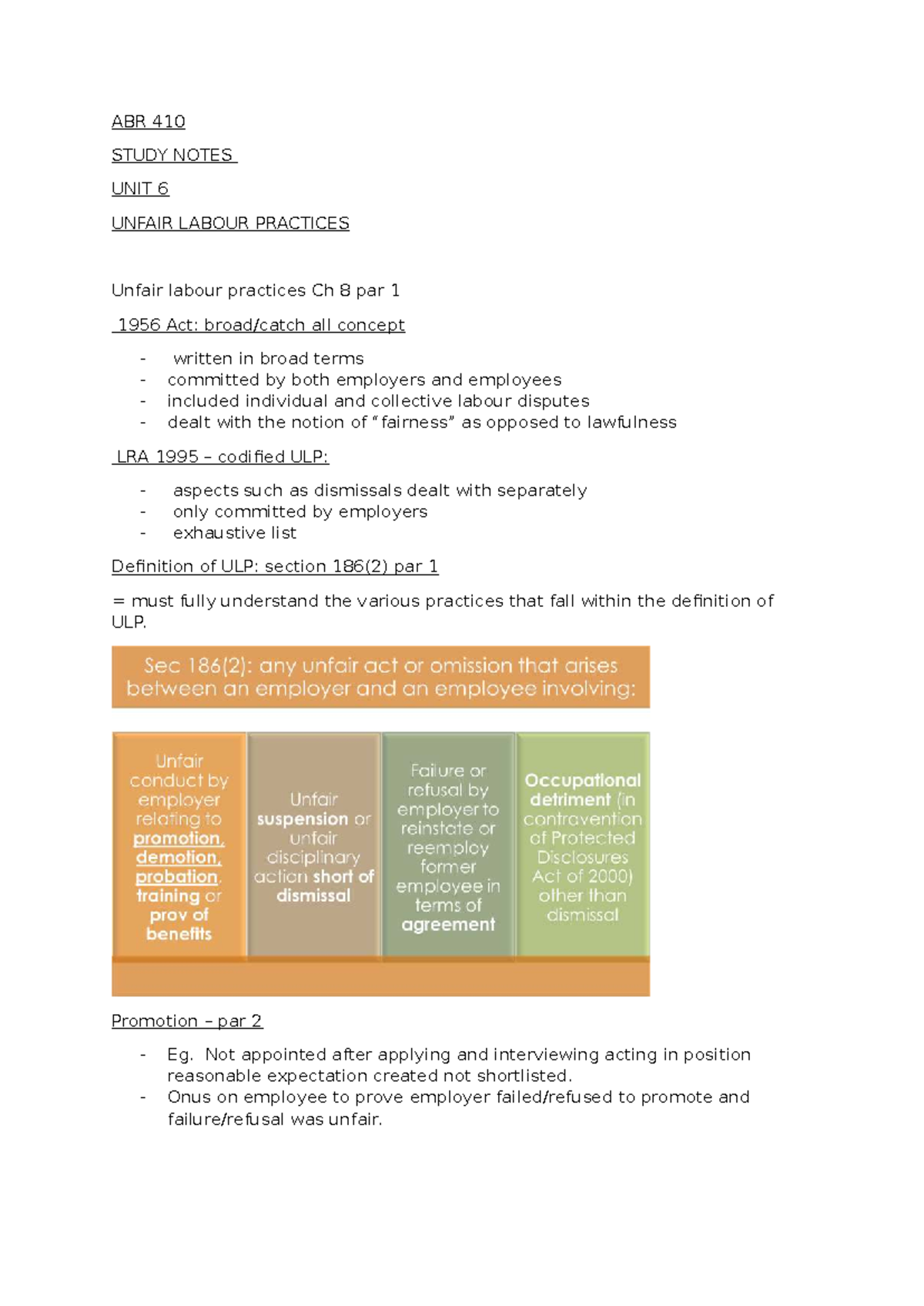 ABR 410 Study Unit 6 - Lecture Notes on Unfair Labour Practices - Studocu