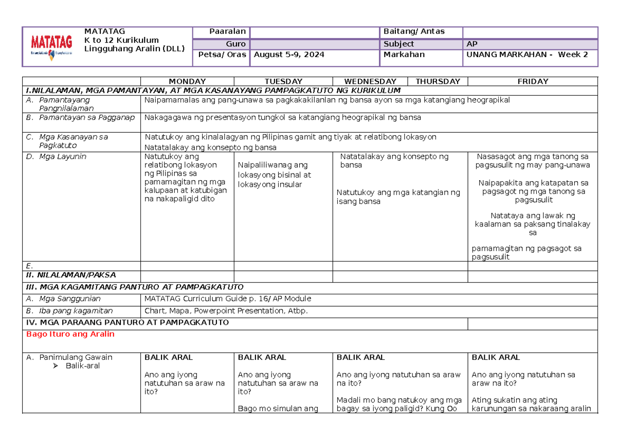 Matatag K to 12 DLL Week 2 AP G4 Lesson Plan August 2024 - Studocu