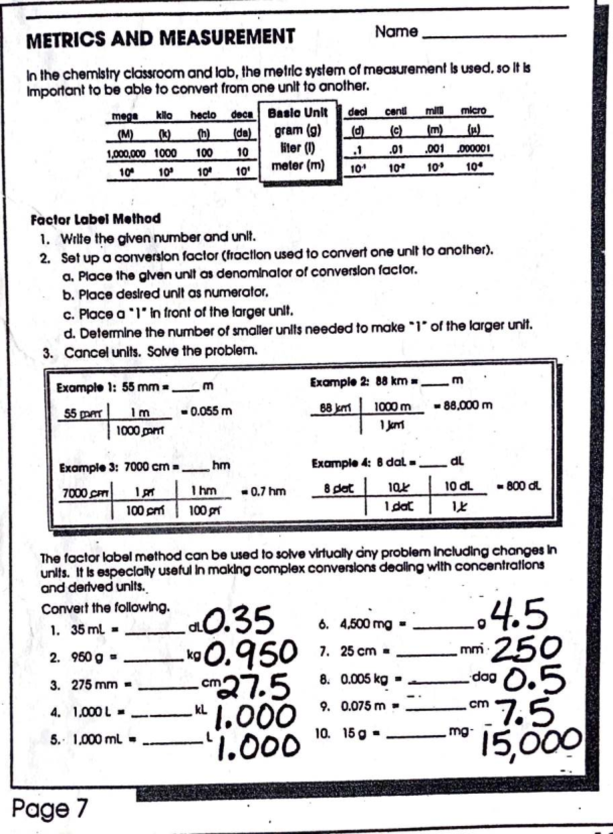 Answers to METRICS AND MEASUREMENT Worksheet (Chemistry) - Studocu