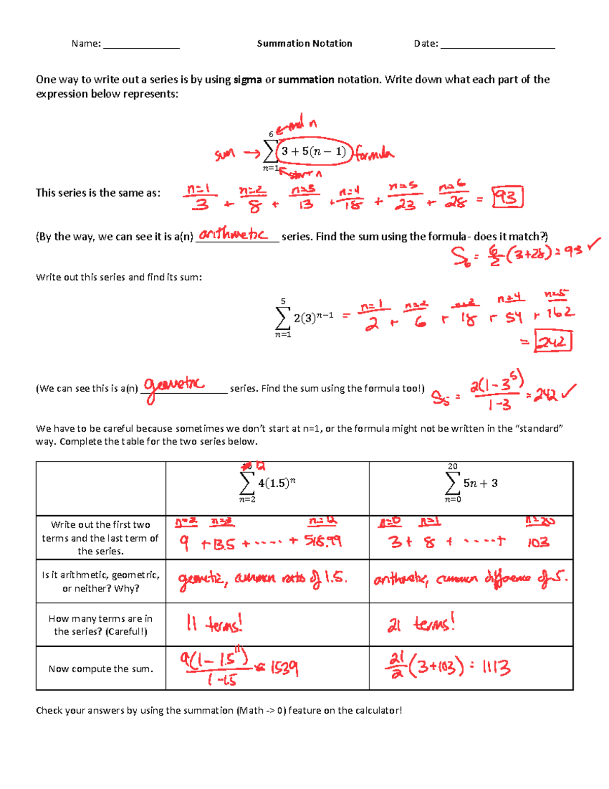Math 0: Summation Notation Key and Series Analysis - Studocu