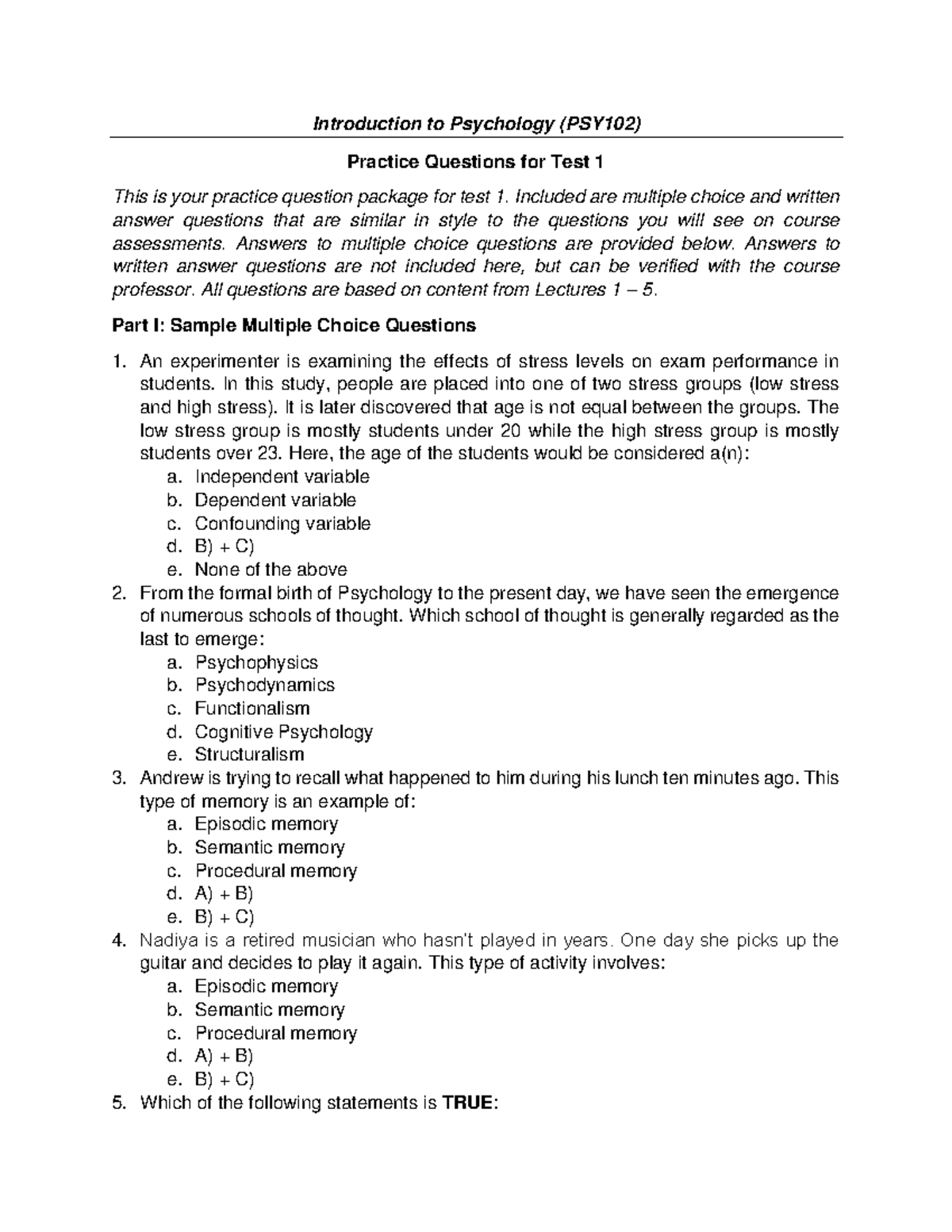 PSY102 Test 1 Practice Questions and Sample Answers - Studocu