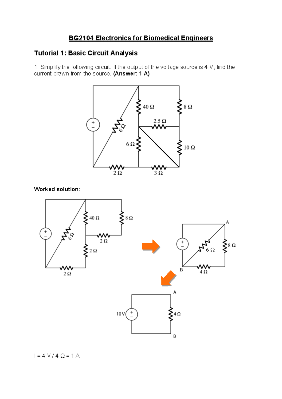 BG2104 Tutorial 1 Solutions: Basic Circuit Analysis - Studocu